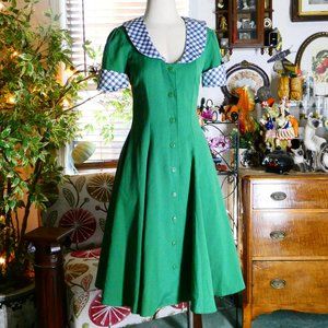 Tatyana Clothing Claire Circle Dress in Kelly Green & Checker Collar Cuffs Sz S